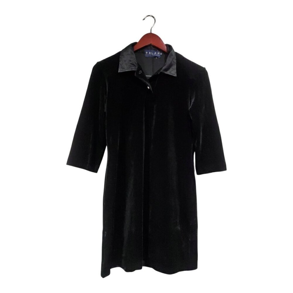 Ralph Lauren Woman's Black Velvet Sheath Dress Satin Collared Button Size M